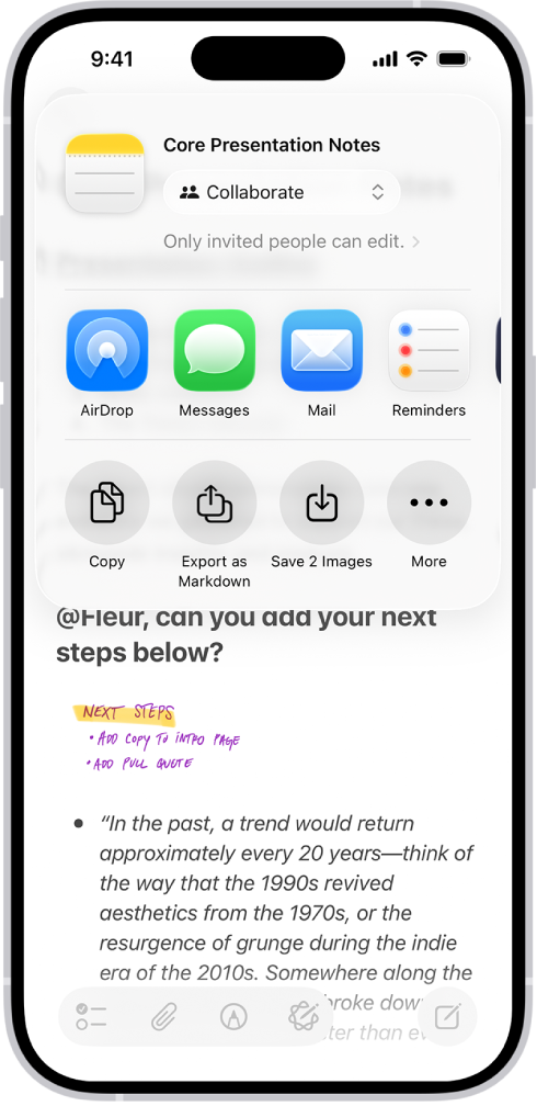 A note with an overlay showing sharing options.