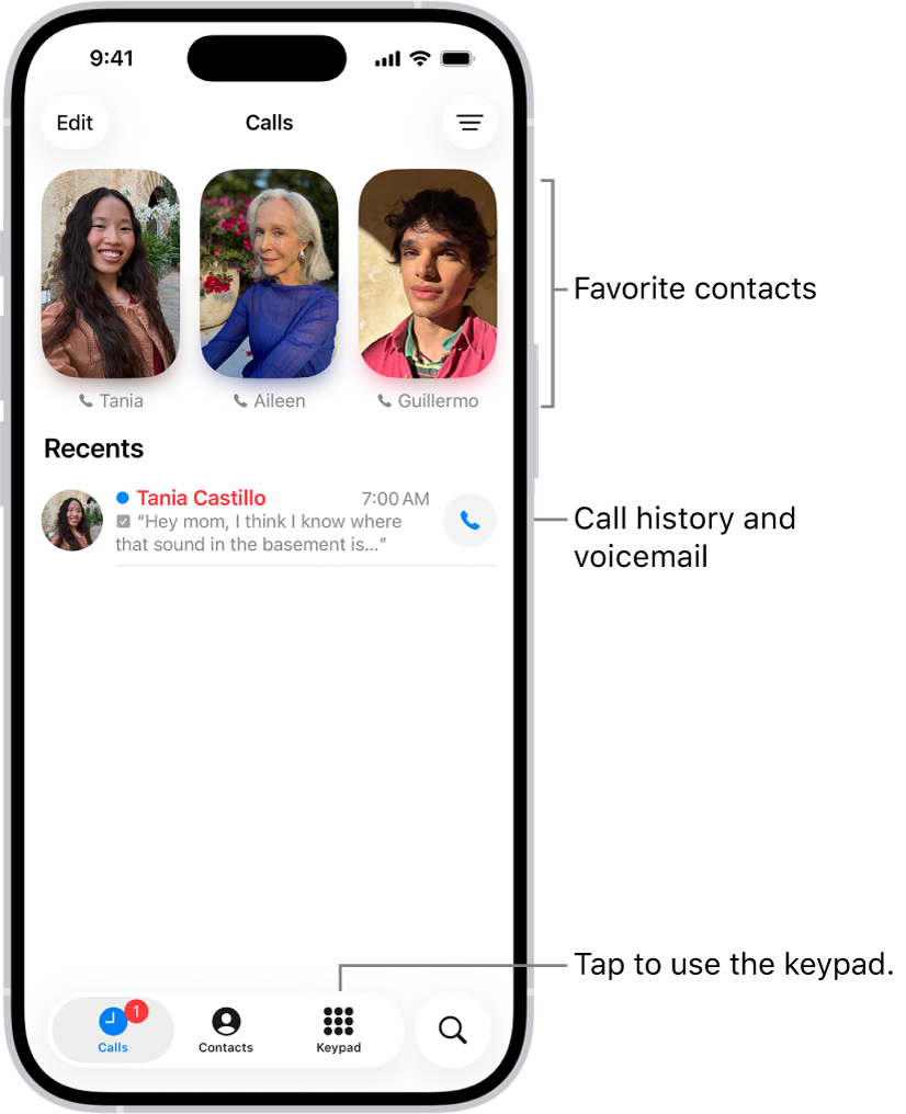 The Calls tab in the Phone app in Unified layout. Favorite contacts appear at the top. Below the Favorites is a list of recent calls and voicemail. Buttons to view the Calls, Contacts, and Keypad tabs appear at the bottom. The Search button is in the bottom-right corner.