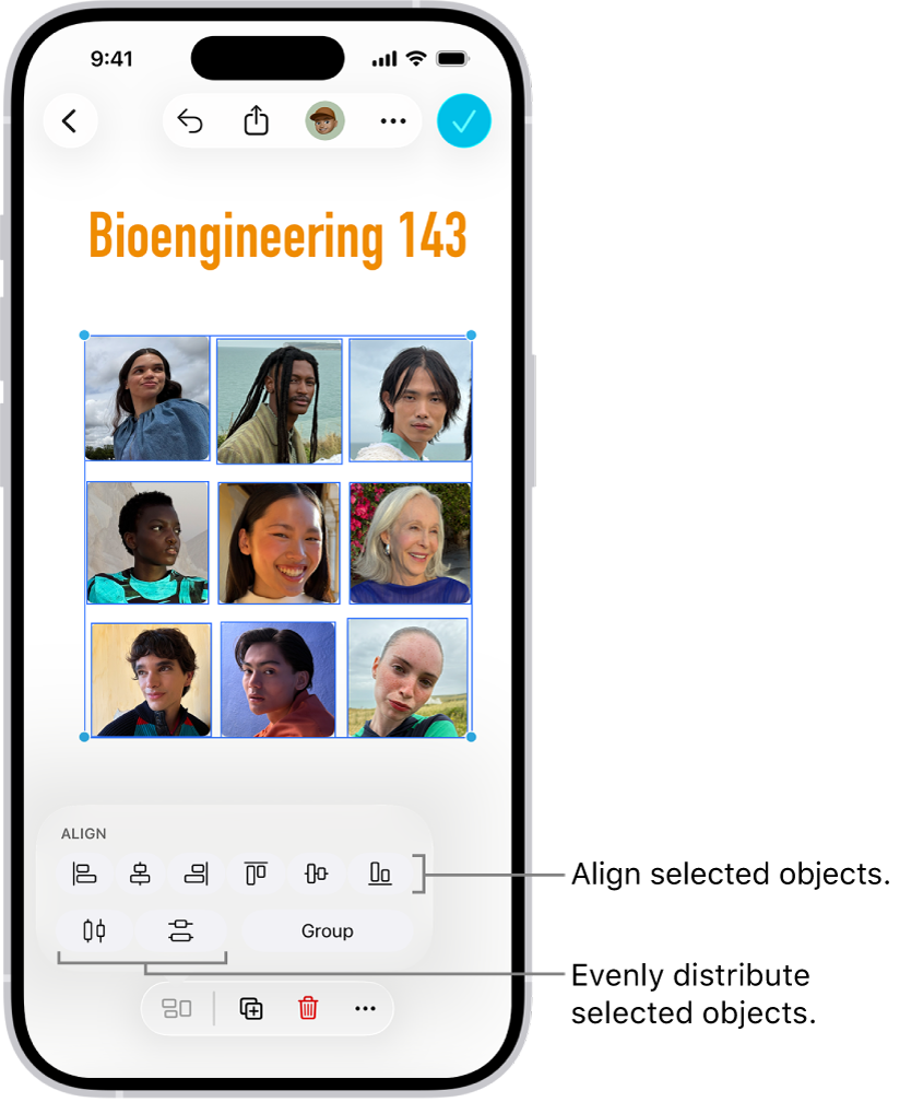 A Freeform board filled with a grid of photos. Several photos are selected, and the alignment and grouping tools appear above them.