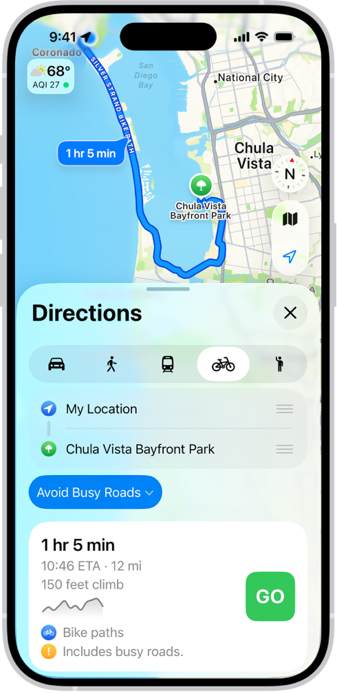 A map showing cycling route options. The route card at the bottom provides details, including estimated travel times, elevation changes, and the types of roads. A Go button appears to the right of the details.