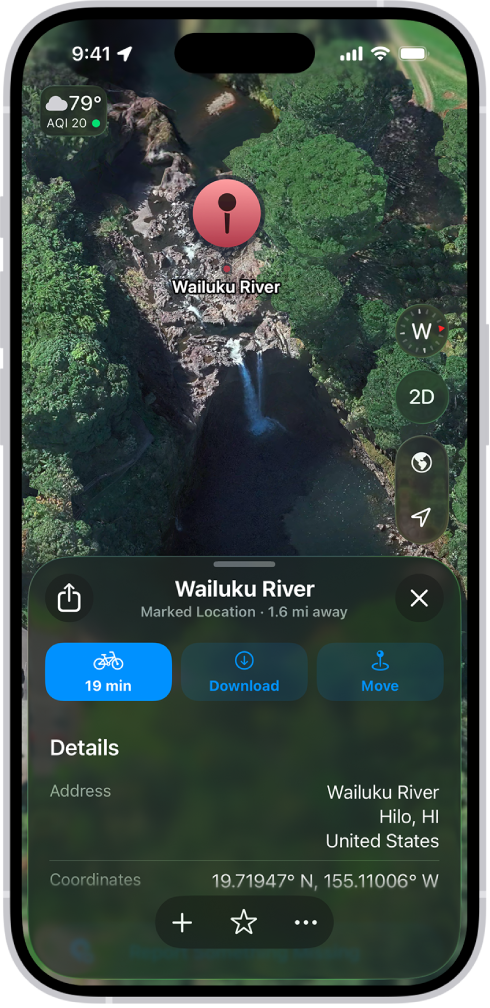 A map showing a dropped pin in a park. Below it, buttons to get directions to the pin, download its surrounding area, or move it appear.