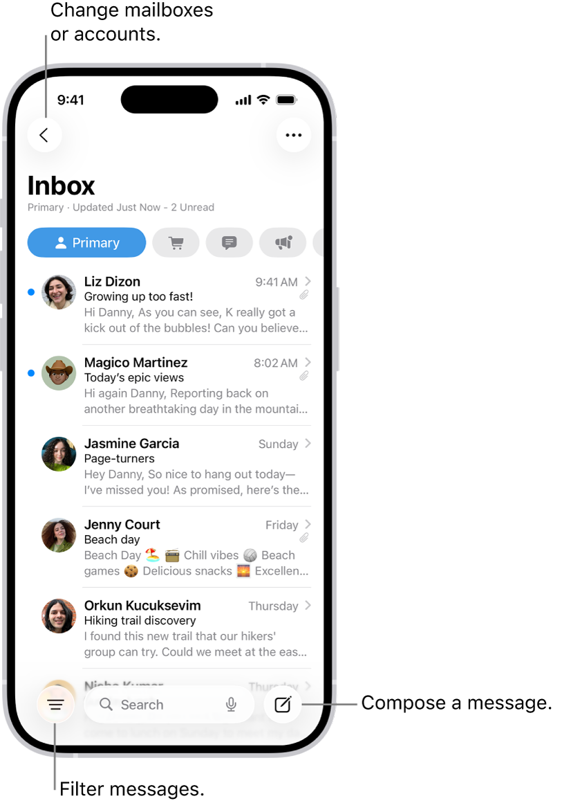 The Mail Inbox, showing a list of emails.