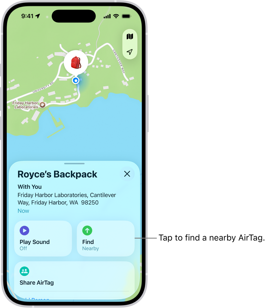The Find My app open, showing Danny’s keys in Golden Gate Park. Tap the Find button to locate a nearby AirTag.
