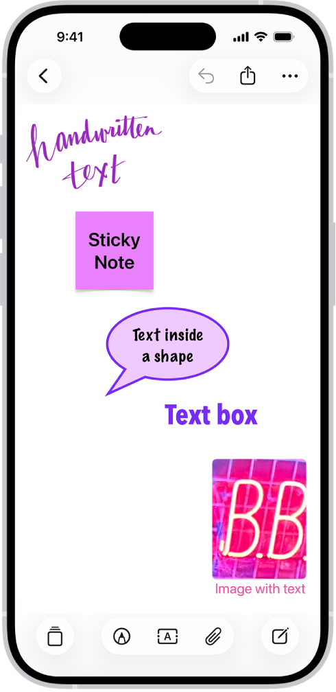 A Freeform board with text rendered in a drawing, sticky note, shape, text box, and image.