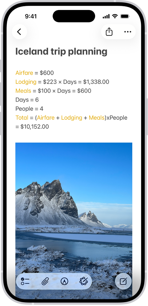 A note for planning a trip, with a calculation of the travel expenses and a photo.