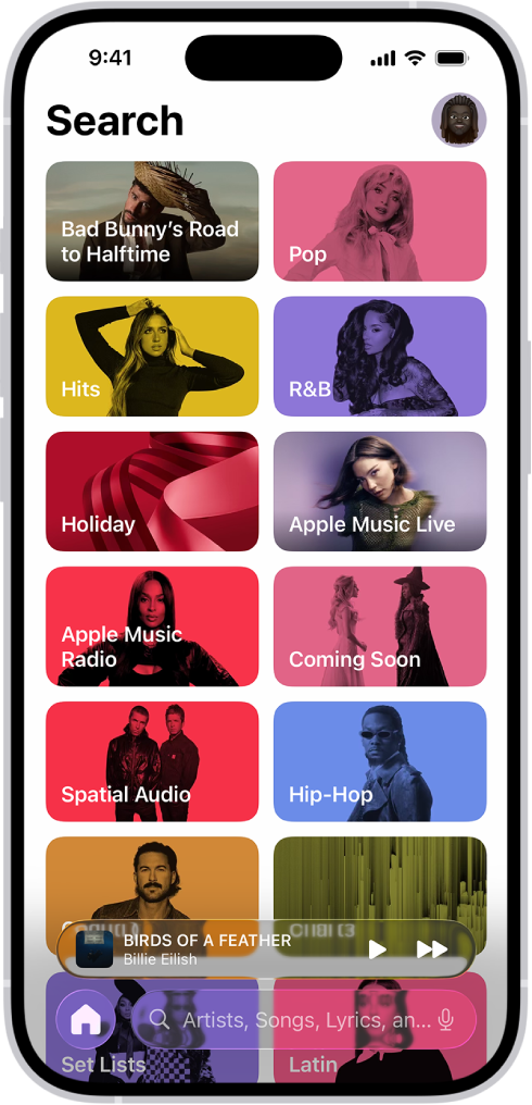 The Search tab showing a search field at the top. Multiple categories of music appear below, such as Hits and Sound Therapy.