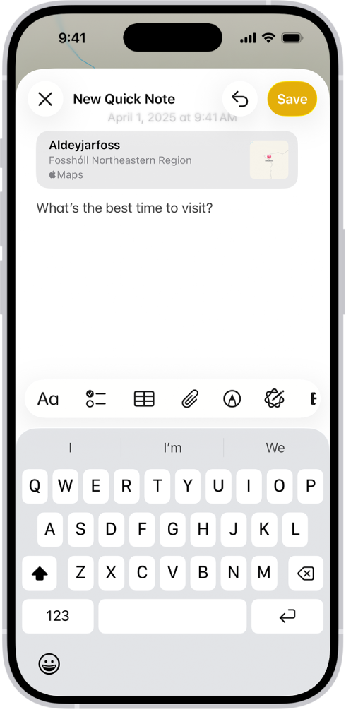 A Quick Note showing a link to a location in Maps and text underneath. The Save button is on the top left.