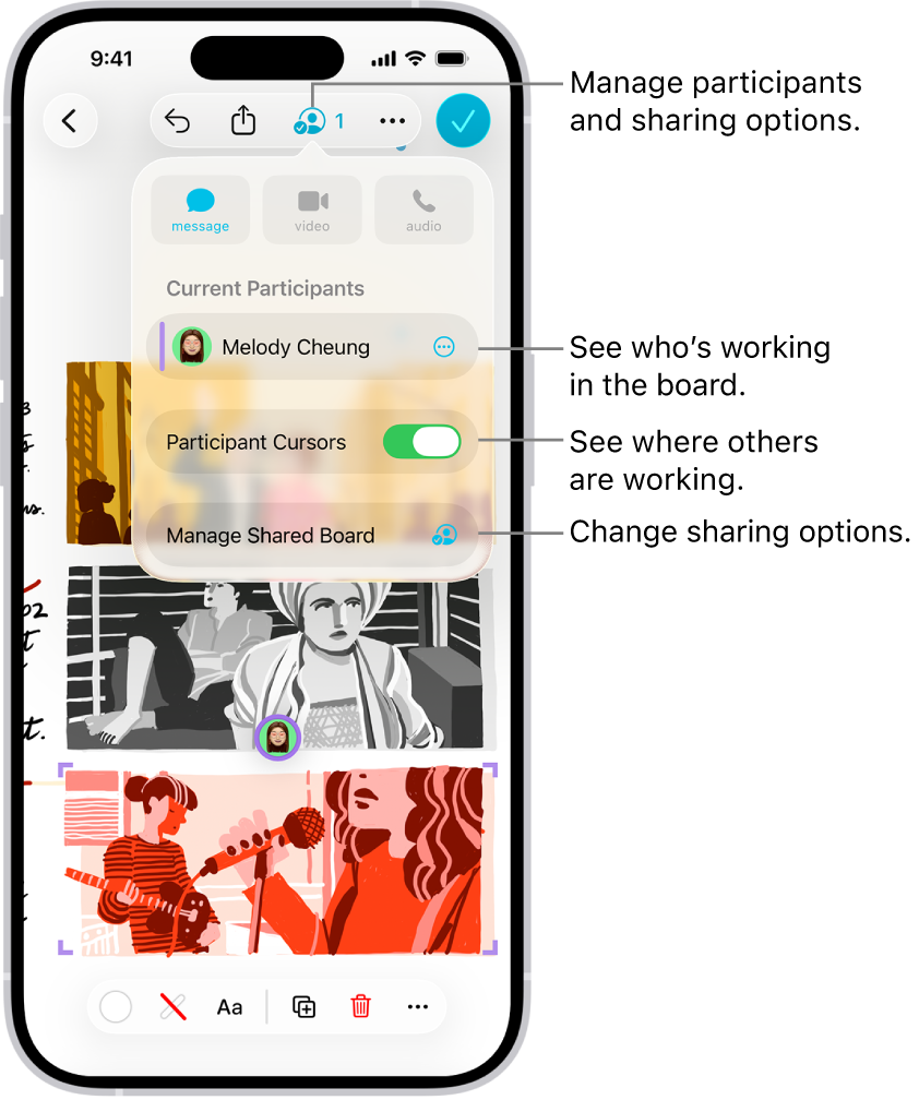 A shared Freeform board on iPhone with the collaboration menu open.