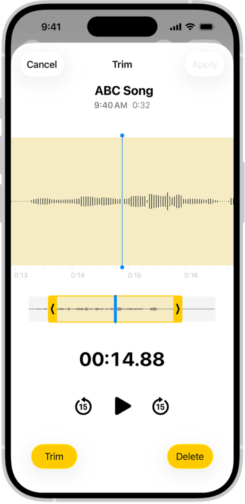 A recording being edited, with the yellow trim handles enclosing a portion of the audio waveform at the bottom of the screen. A Play button and a recording timer appear below the waveform. The trim handles are below the Play button. On either side of the Play button are the Trim button (for deleting the part of the recording outside the handles) and the Delete button (for deleting the part of the recording inside the handles).