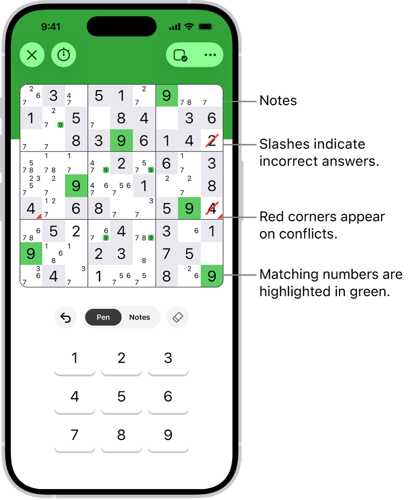 A sudoku puzzle with several features turned on: Notes, Highlight Matching Numbers, Show Conflicts, and Autocheck.