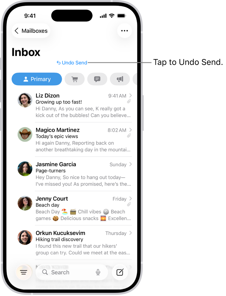 The inbox, showing a list of messages. The Undo Send button (for pulling back a recently sent message) is in the center of the bottom of the screen.