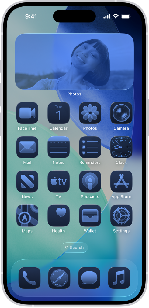 A customized Home Screen with tinted icons.