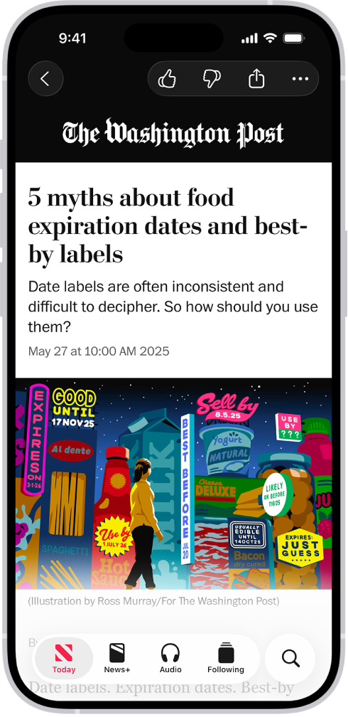 A news story in the News app. In the tabs across the bottom, Today is selected.