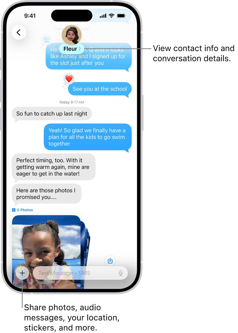 A Messages conversation. The name of the person you’re sending messages to is at the top of the screen. You can tap their name to see conversation details. The Add button is in the bottom-left corner.