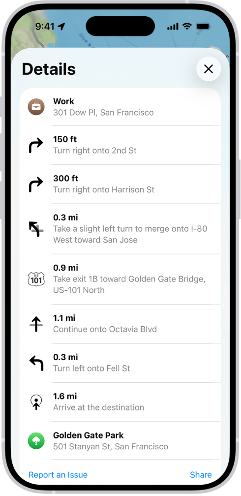 A route’s turn-by-turn directions shown in a list.