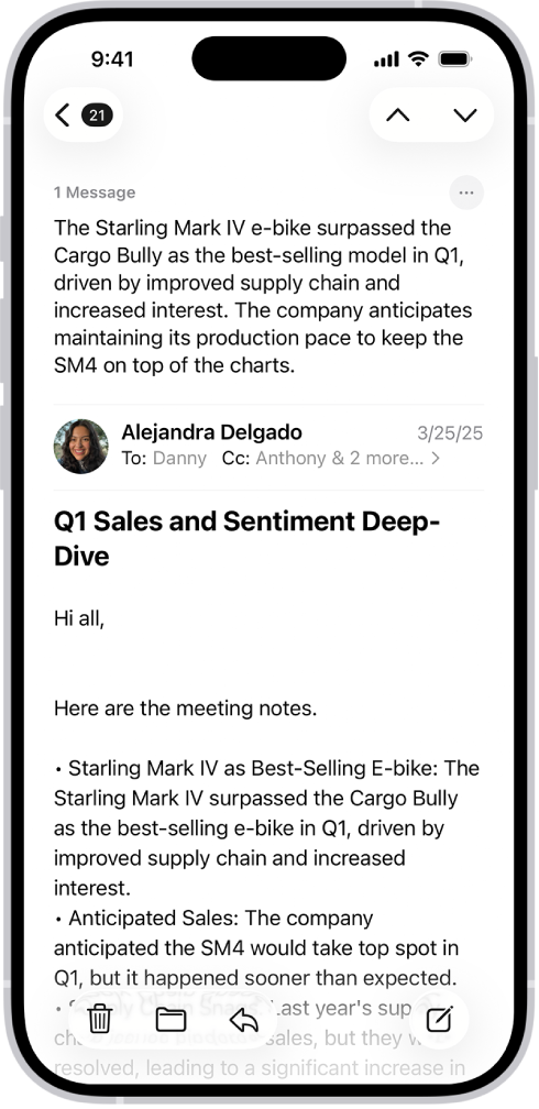 An iPhone screen showing an email. A summary of the email appears at the top of the screen.