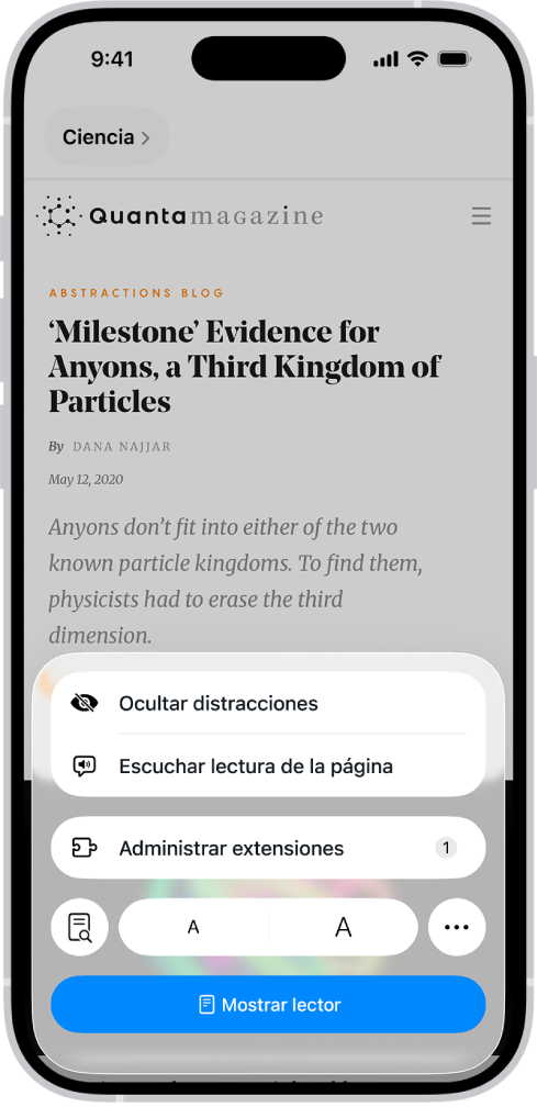 Hay un sitio web abierto en Safari con el campo de dirección mostrando que el lector está disponible para el sitio.