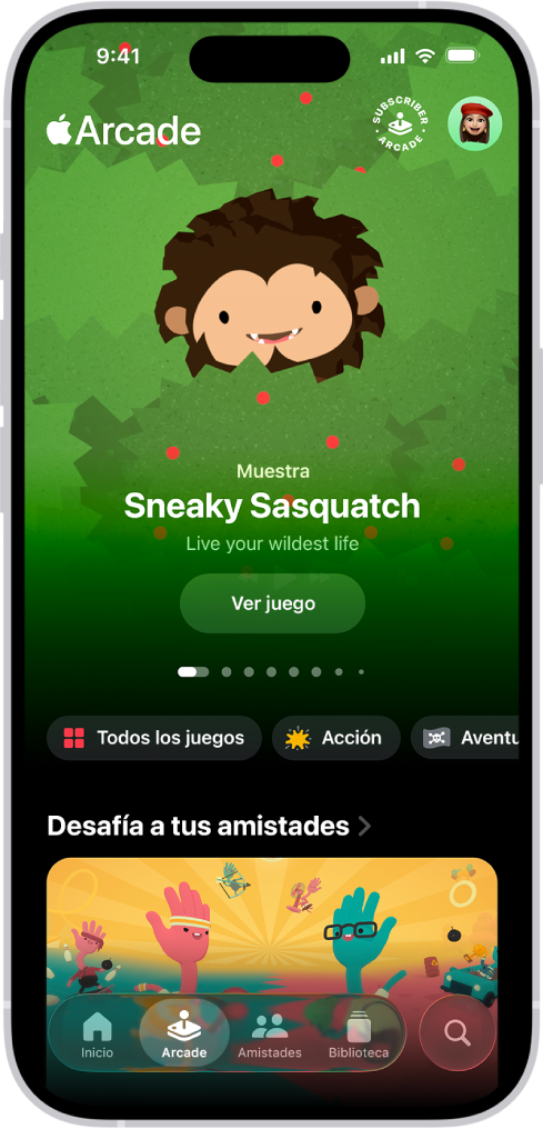 La app Apple Games muestra la pestaña Arcade, que incluye material promocional de un juego destacado. En la parte inferior de la pantalla están las pestañas para Inicio, Arcade, Amistades, Biblioteca y Buscar. La pestaña Arcade está seleccionada.