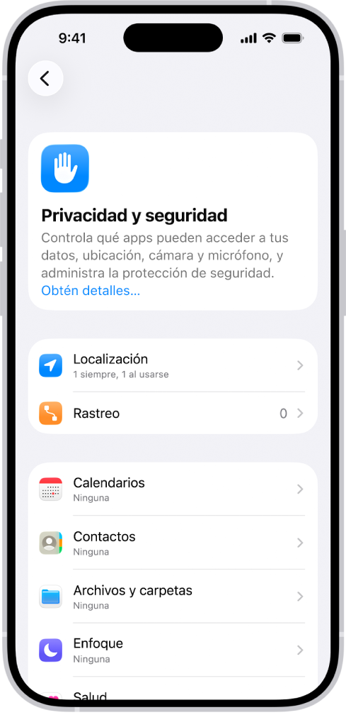 La pantalla Privacidad y seguridad, con la configuración de Localización y rastreo, y la configuración para controlar qué apps pueden tener acceso a tu información.