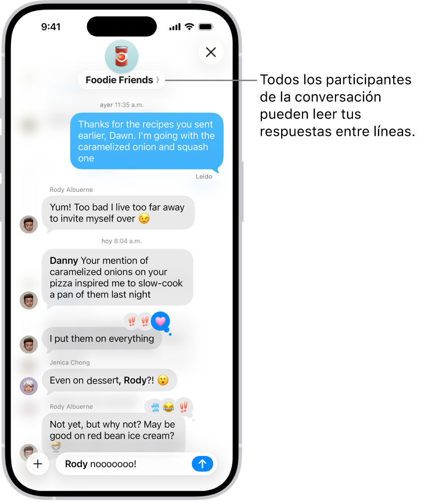 Se muestra cómo se escribe una respuesta entre líneas en una conversación grupal en Mensajes. Se menciona a otra persona en la conversación, por lo que su nombre aparece en negrita.