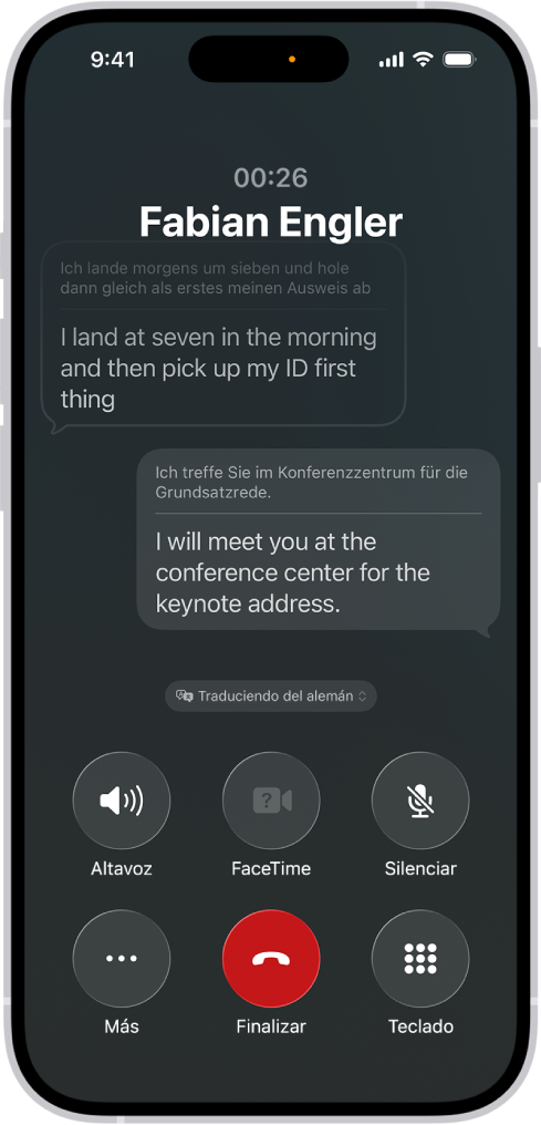 Una llamada telefónica en la app Teléfono que muestra una conversación traducida del alemán al inglés.