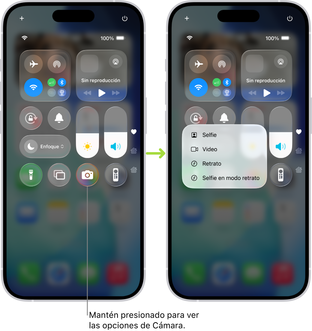Dos pantallas del centro de control lado a lado; la de la izquierda muestra controles para el modo de vuelo, los datos celulares, la red Wi-Fi y Bluetooth en el grupo superior izquierdo. El ícono de Cámara está en la parte inferior derecha. La pantalla de la derecha muestra más opciones en el menú de acciones rápidas de Cámara: Selfie, Video, Retrato y Selfie en modo retrato.