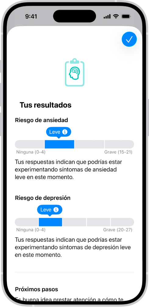 Una pantalla en la app Salud mostrando resultados de un cuestionario de salud mental.