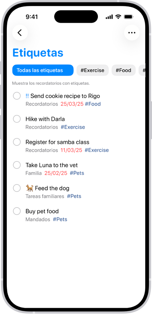 Una lista de recordatorios etiquetados en la app Recordatorios. Los botones a lo largo de la parte superior muestran etiquetas adicionales que se pueden aplicar.