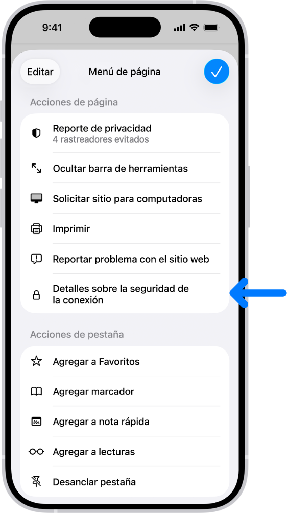 El menú Página está abierto en Safari, con el control Detalles sobre la seguridad de la conexión a la mitad de la página.
