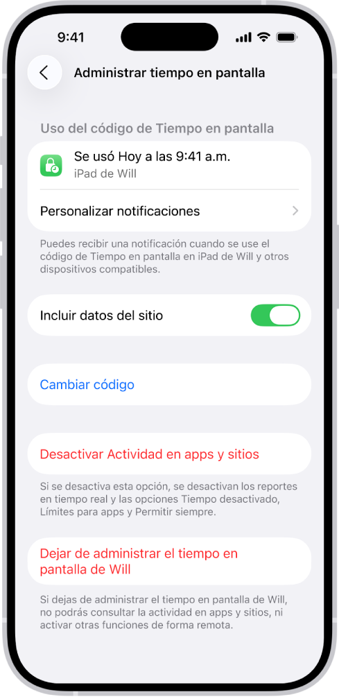 La pantalla Administrar Tiempo en pantalla para un menor de una familia. En la parte superior de la pantalla se muestra la última vez que se utilizó el código de acceso y en qué dispositivo.