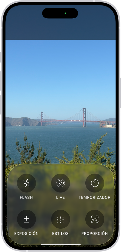 La app Cámara está abierta en el modo Fotos. En la parte inferior de la pantalla hay botones para los siguientes controles de la cámara: Flash, Live, Temporizador, Exposición, Estilos y Aspecto.
