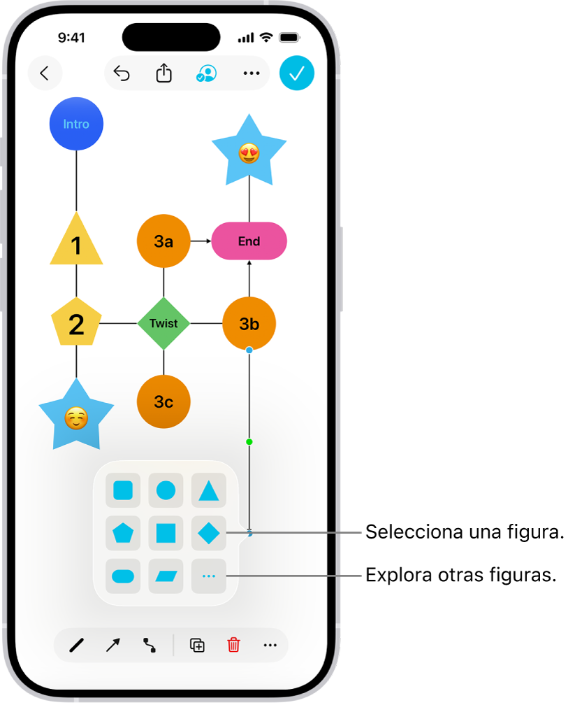 Se muestra cómo se agrega una figura nueva a un diagrama en un pizarrón de Freeform.