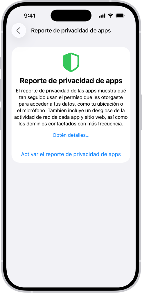 Un reporte de privacidad de apps mostrando información sobre apps de la categoría Acceso a sensores y datos, así como información sobre apps para la categoría Actividad de red de las apps.