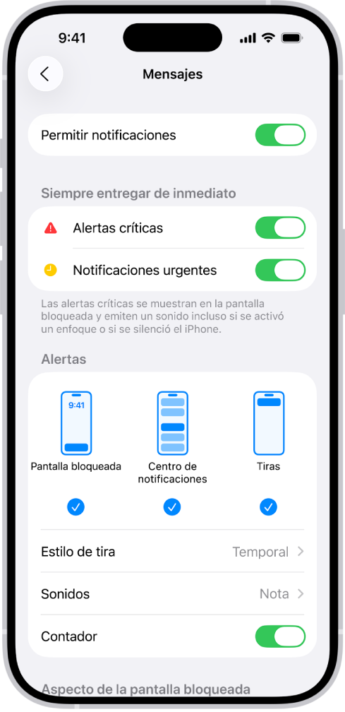 La configuración de notificaciones de Mensajes en Configuración.
