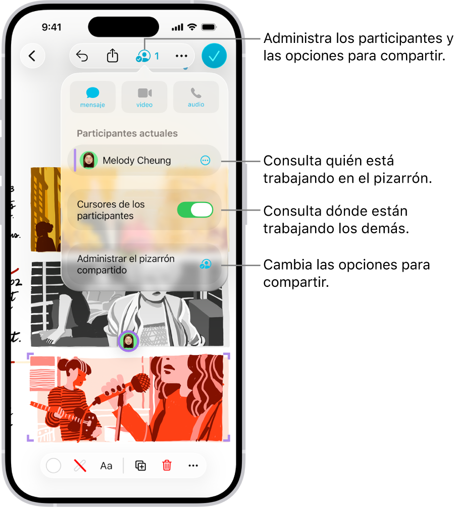 Un pizarrón compartido de Freeform en el iPhone con el menú de colaboración abierto.