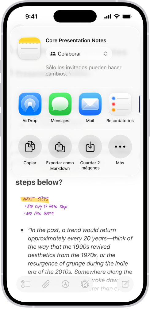 Una nota con una sobreposición que muestra las opciones de compartir.