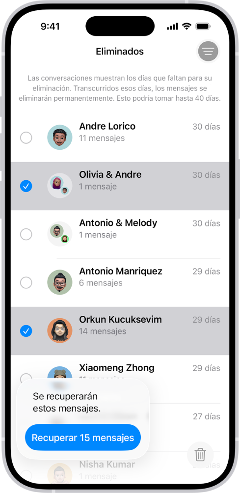 Se están recuperando todos los mensajes eliminados de dos conversaciones.