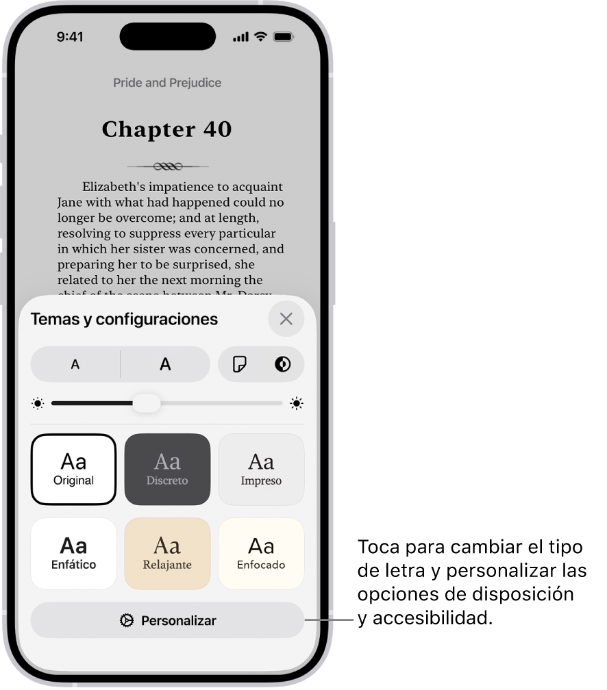 Una página en un libro en la app Libros. Las opciones de temas y configuraciones muestran controles para el tamaño de letra, la visualización de desplazamiento, el estilo de pasar páginas, el brillo y los estilos de tipo de letra.
