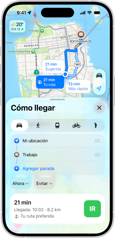 La app Mapas muestra un mapa con varias opciones de rutas en auto hacia el mismo destino. Cada ruta muestra el tiempo y la distancia estimados, y un botón Ir para iniciar las indicaciones detalladas. Cada ruta está codificada por colores para indicar las condiciones del tráfico.