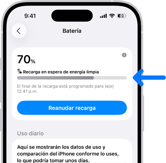 La tarjeta de información de recarga en la configuración de Batería del iPhone. La tarjeta muestra que la batería está al 70% con el mensaje “Recarga en espera de energía limpia”. Está programado que finalice a las 12:41 p.m., con la opción Reanudar recarga.