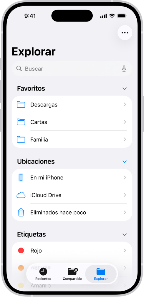 La app Archivos mostrando varias carpetas y ubicaciones, como Descargas, Cartas, Familia, etc. En la parte inferior de la pantalla están los botones Archivos recientes y Archivos compartidos, y la pestaña Explorar.