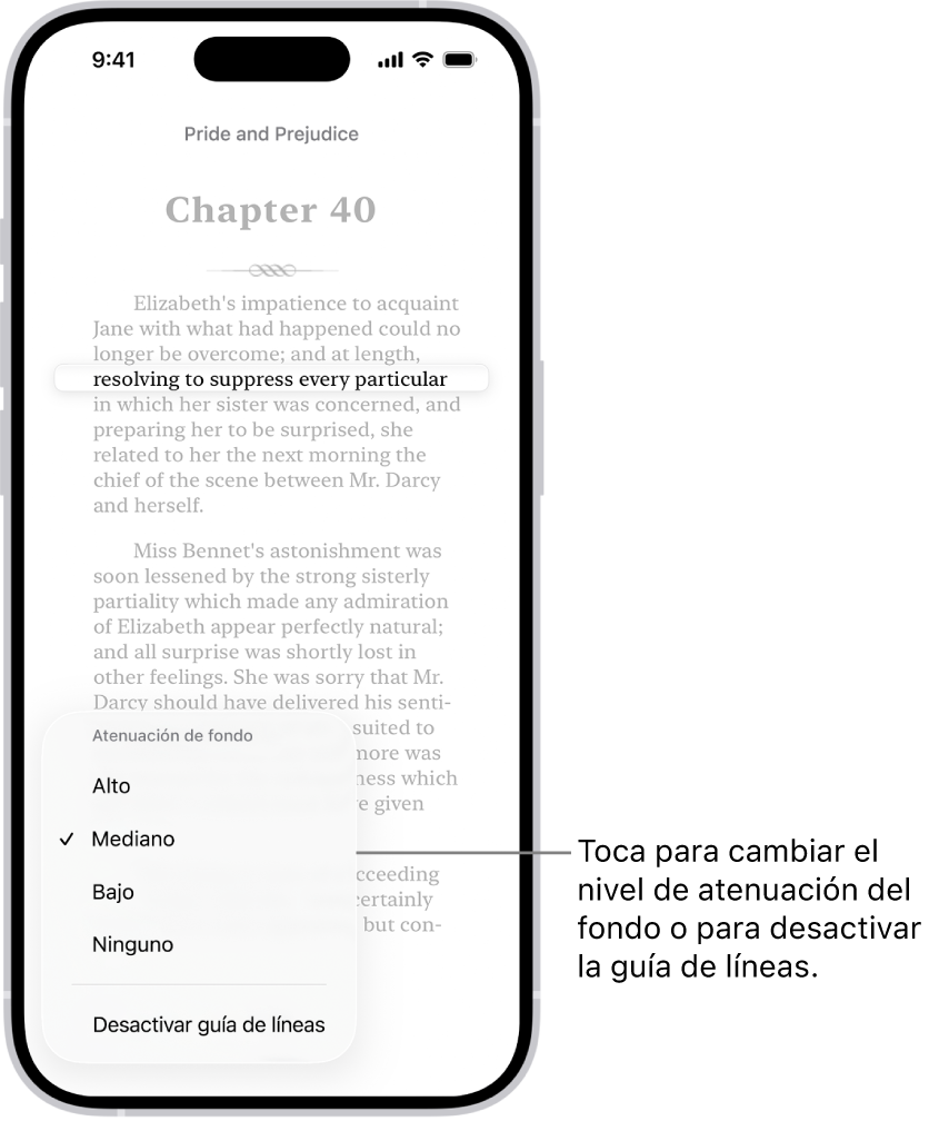 Una página en un libro en la app Libros. Se muestra resaltada una línea de texto individual y el resto aparece atenuado. En la esquina inferior izquierda de la pantalla se encuentra el botón Guía de líneas.