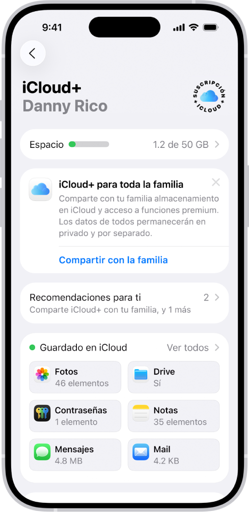 La pantalla de configuración de iCloud mostrando el indicador de almacenamiento de iCloud y una lista de funciones, como Fotos, iCloud Drive y Respaldo en iCloud, que se pueden usar con iCloud.