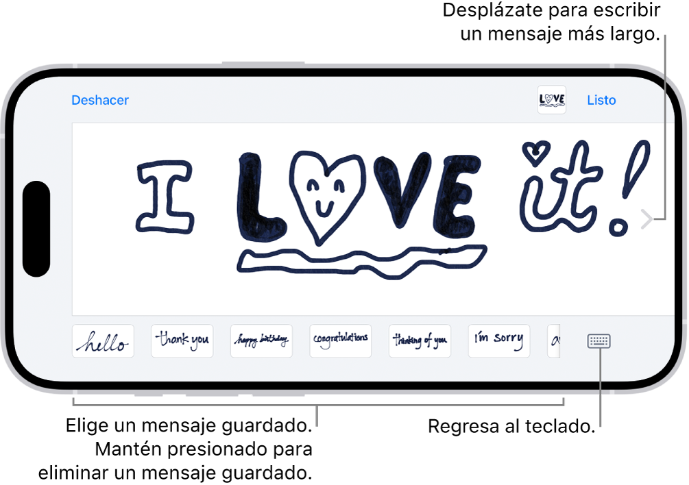 El lienzo para redactar un mensaje escrito a mano. En la parte inferior, de izquierda a derecha, se encuentran elementos escritos a mano y el botón Teclado.