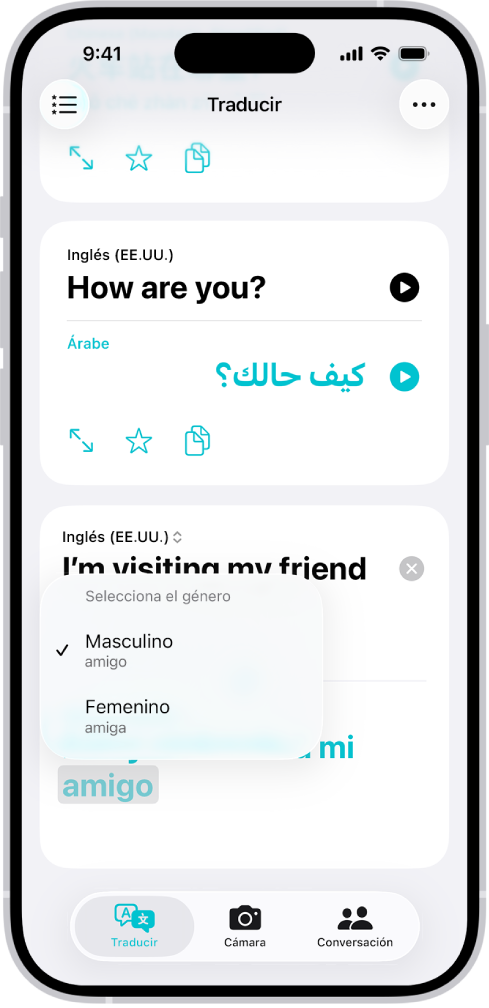 La pestaña Traducción mostrando una frase traducida del inglés al español y una palabra resaltada en gris con diferentes variaciones de género que se indican más abajo.