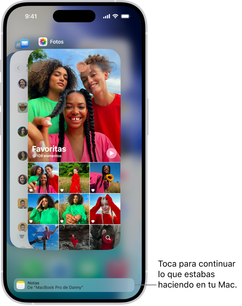 El selector de apps en el iPhone mostrando una notificación de Handoff en la parte inferior de la pantalla.