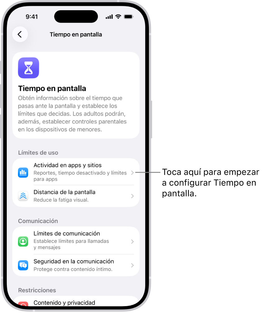 La pantalla de configuración de Tiempo en pantalla mostrando que se hace clic en Actividad en apps y sitios para empezar.