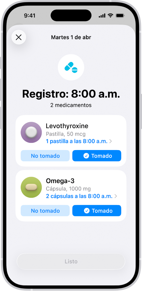 La pantalla de Medicamentos en la app Salud mostrando un registro de medicamentos.