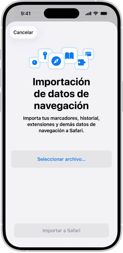 La pantalla Importar datos de navegación, que te solicita que elijas un archivo para importar.