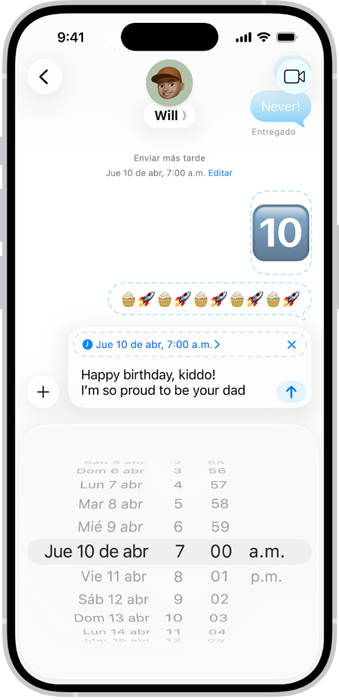 Conversación de Mensajes con mensajes programados para enviarse más tarde.